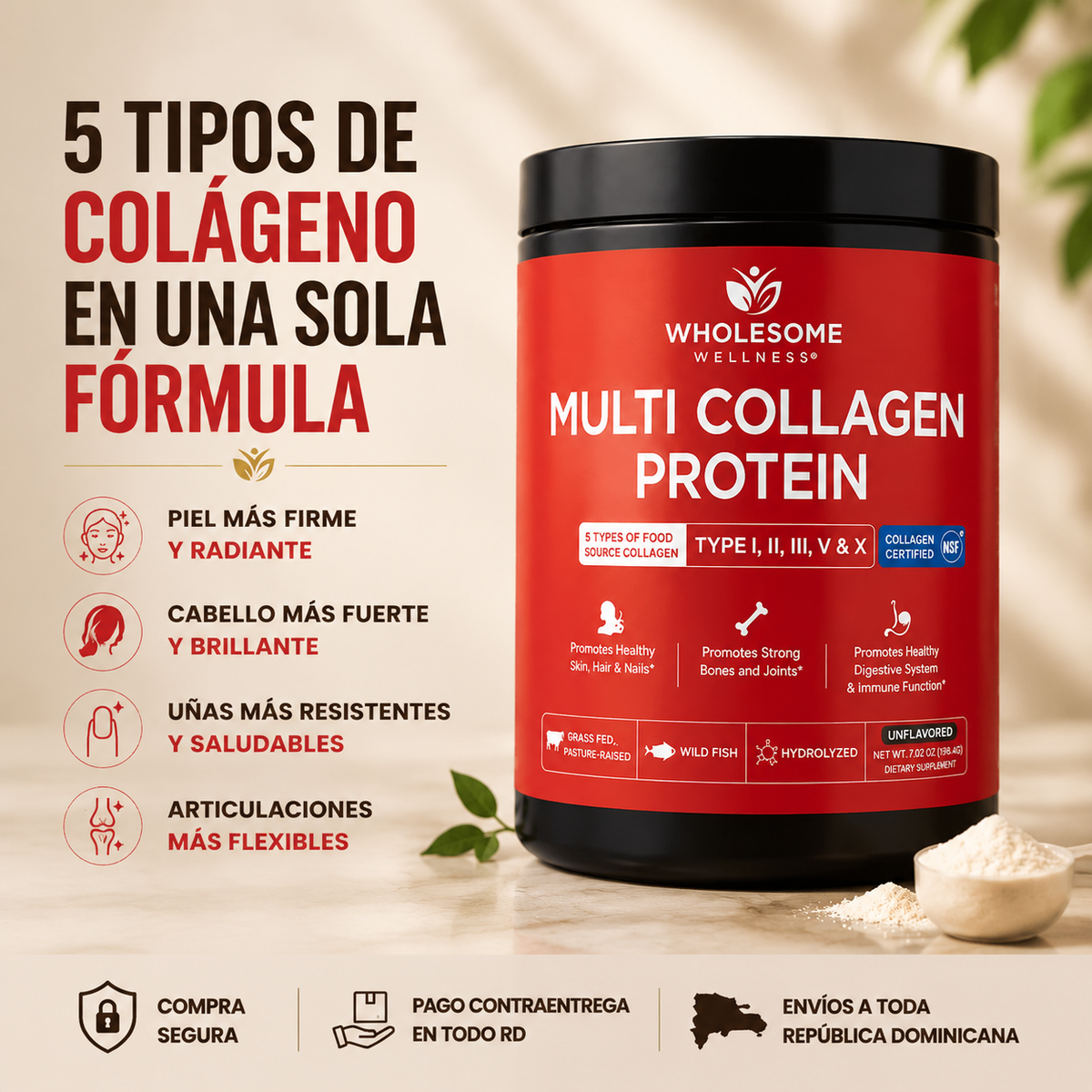Colágeno Hidrolizado 5 en 1 | Apoya piel firme, cabello fuerte y uñas saludables
