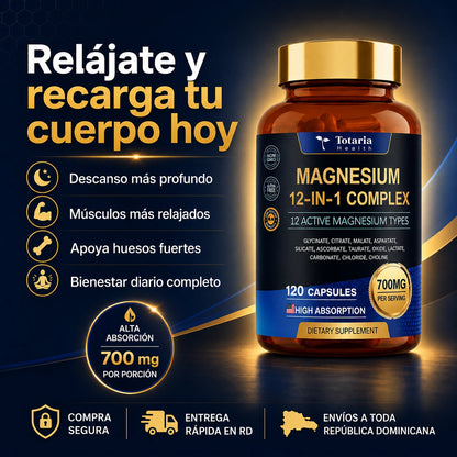 Complejo avanzado con 12 formas de magnesio de alta absorción para apoyar músculos, nervios, energía y bienestar diario. ( 120 cápsulas)