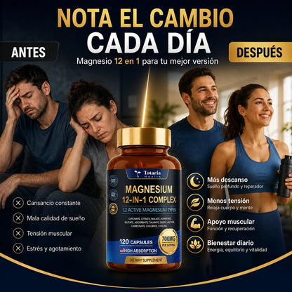 Complejo avanzado con 12 formas de magnesio de alta absorción para apoyar músculos, nervios, energía y bienestar diario. ( 120 cápsulas)