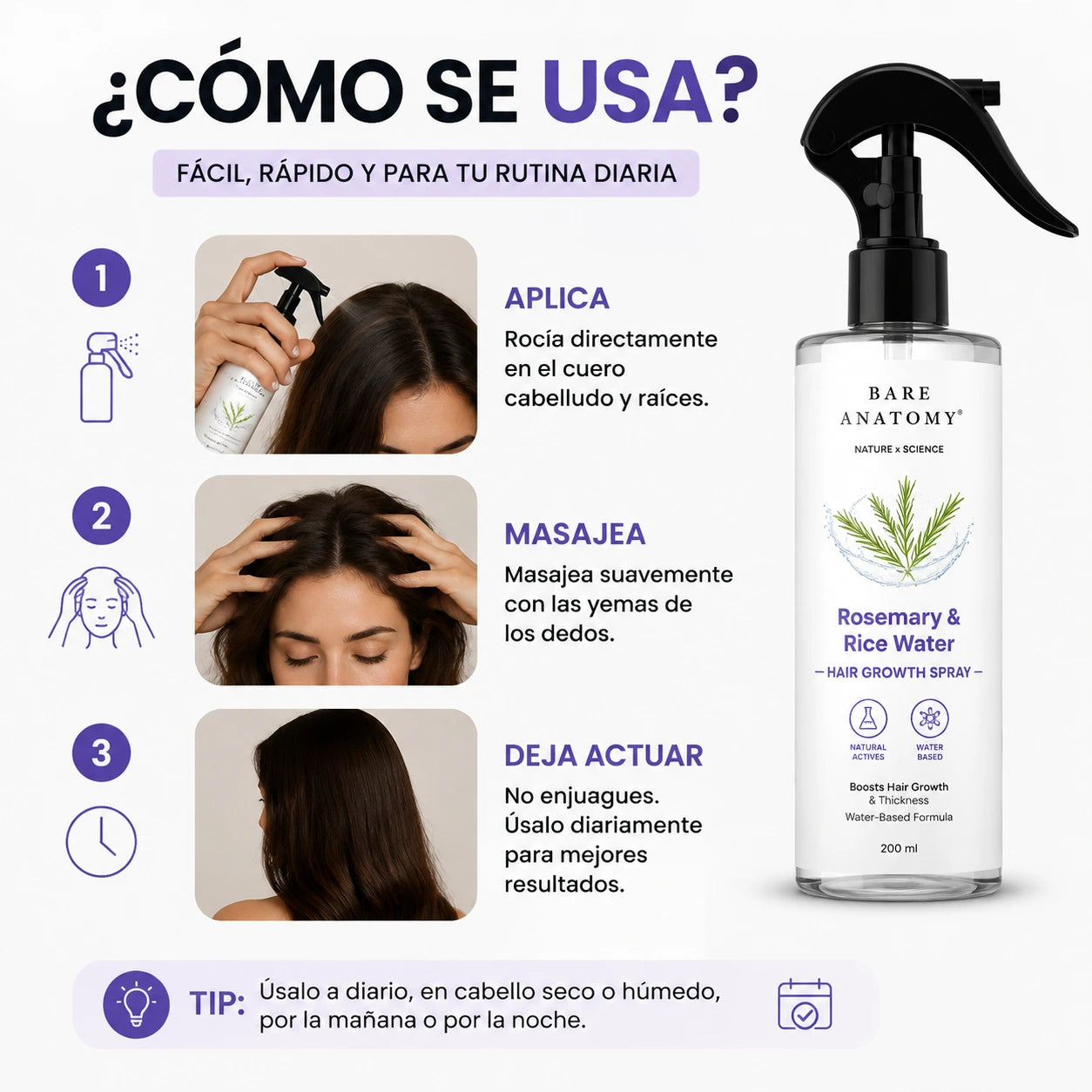 Spray de Romero y Agua de Arroz Bare Anatomy | Menos caída, más fuerza y cabello saludable para todo tipo de cabello (200ml)