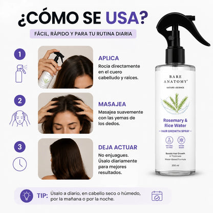Spray de Romero y Agua de Arroz Bare Anatomy | Menos caída, más fuerza y cabello saludable para todo tipo de cabello (200ml)