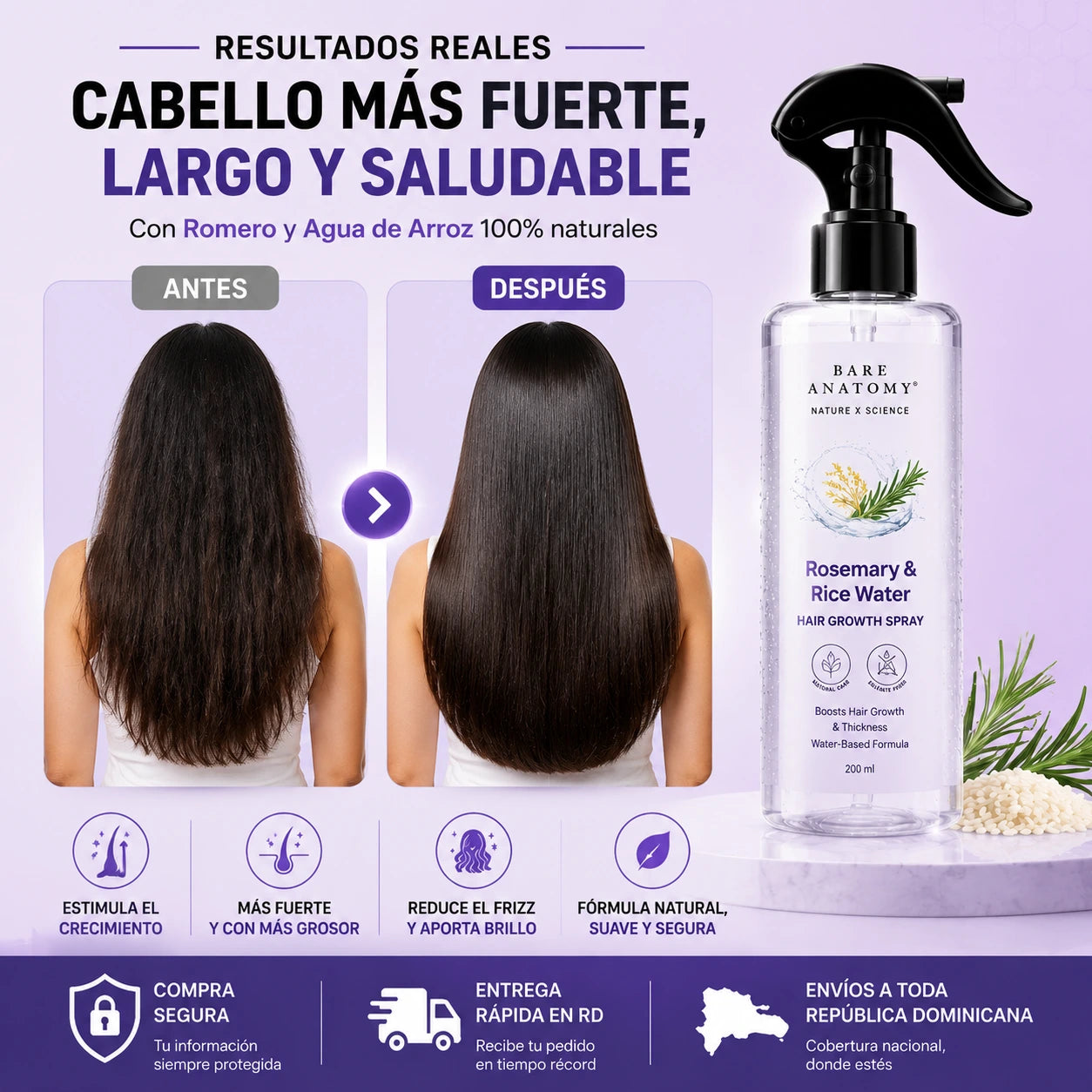 Spray de Romero y Agua de Arroz Bare Anatomy | Menos caída, más fuerza y cabello saludable para todo tipo de cabello (200ml)
