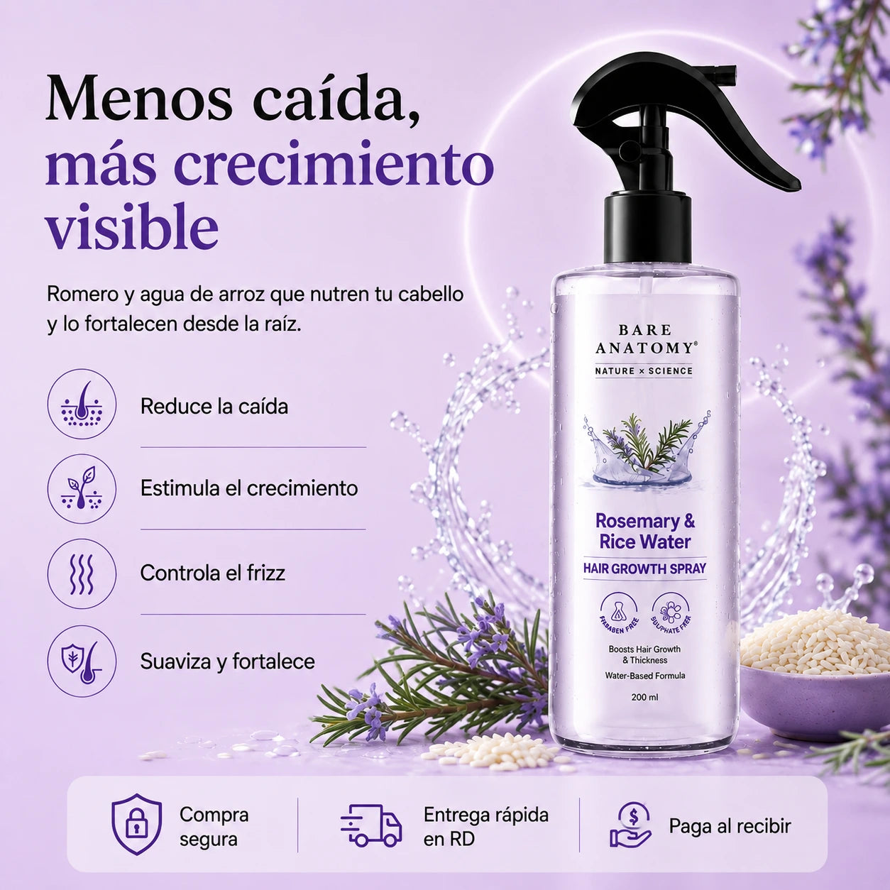 Spray de Romero y Agua de Arroz Bare Anatomy | Menos caída, más fuerza y cabello saludable para todo tipo de cabello (200ml)