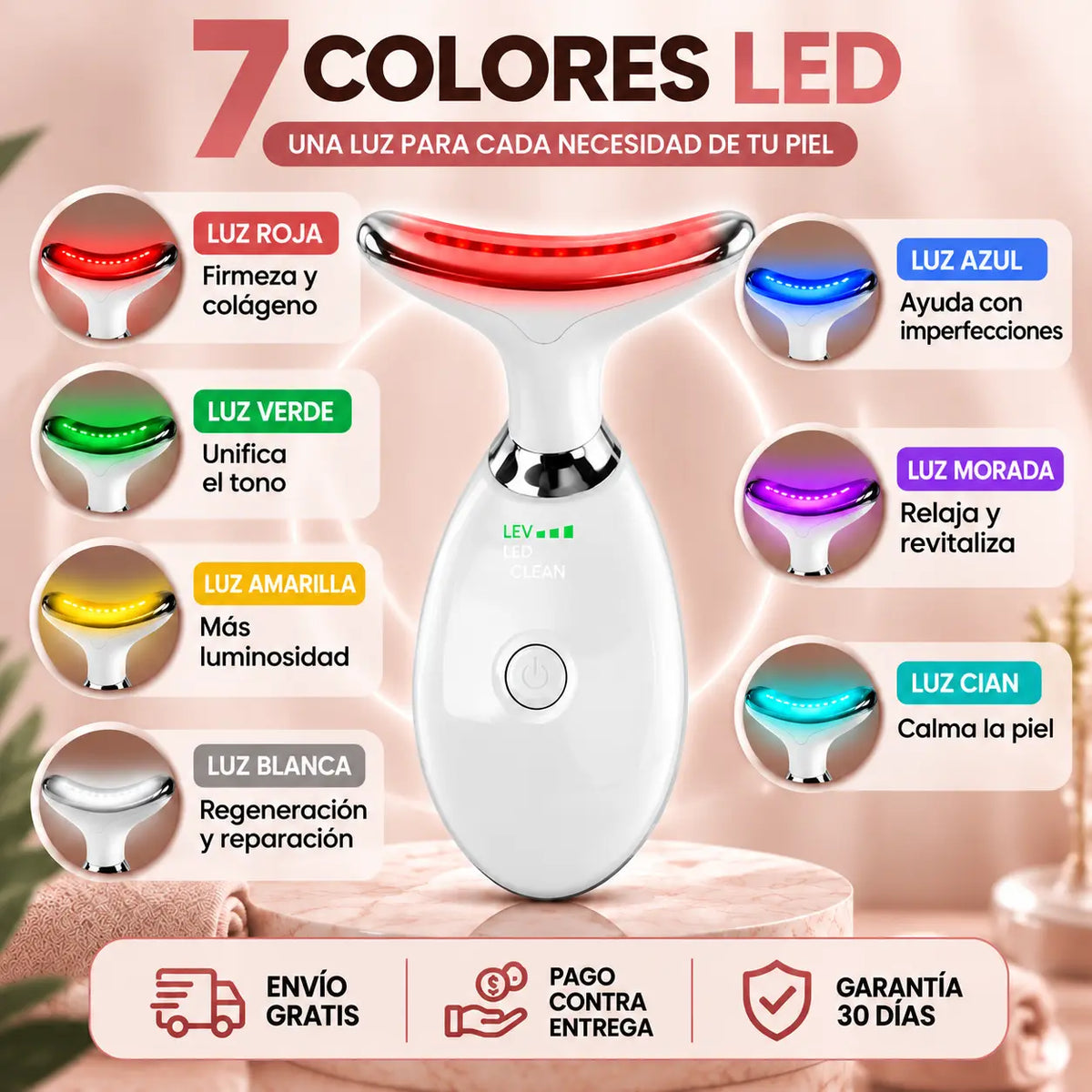 Masajeador Facial de 7 Colores LED | Cuidado de rostro y cuello desde casa
